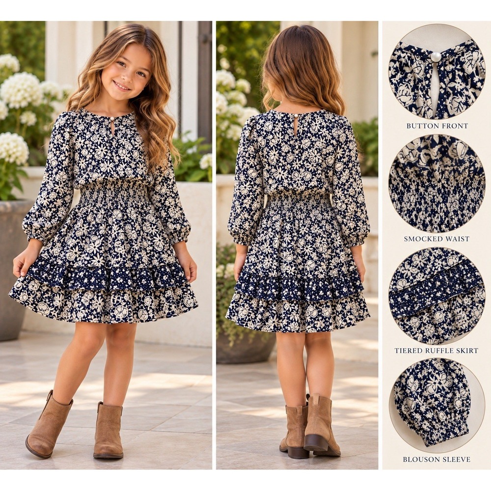 Polo Ralph Lauren Girl Dress 8 Navy Floral Smocked Waist Tiered Ruffle Dress